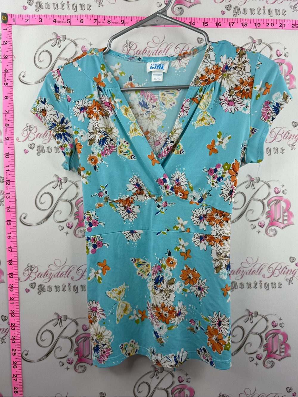La SENZA girl T-shirt belted tie up y2k rare Aqua Floral Wrap-Style RARE vintage
